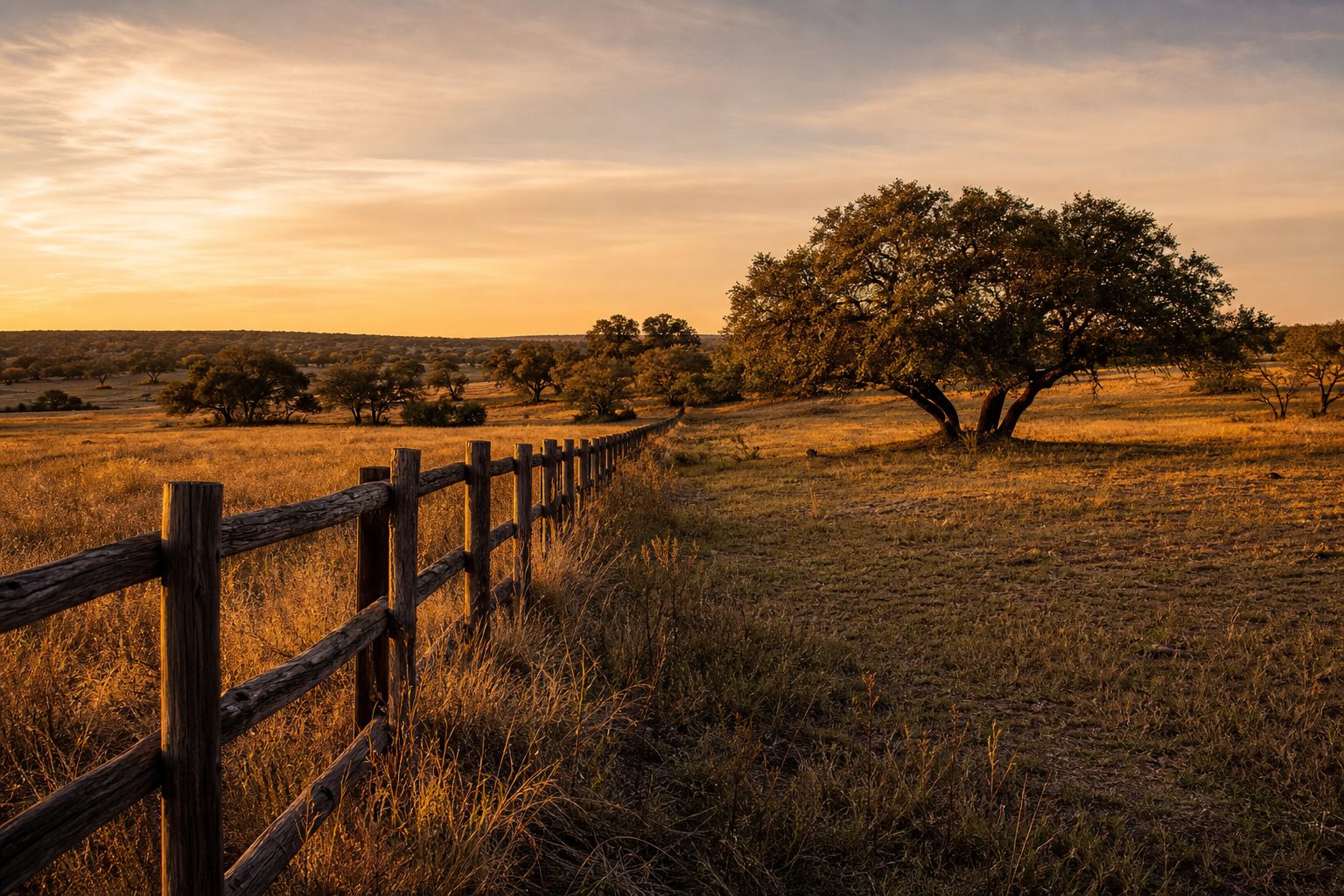 Concept image of golden-hour South Texas ranch pastureland with a wooden rail fence and live oak trees