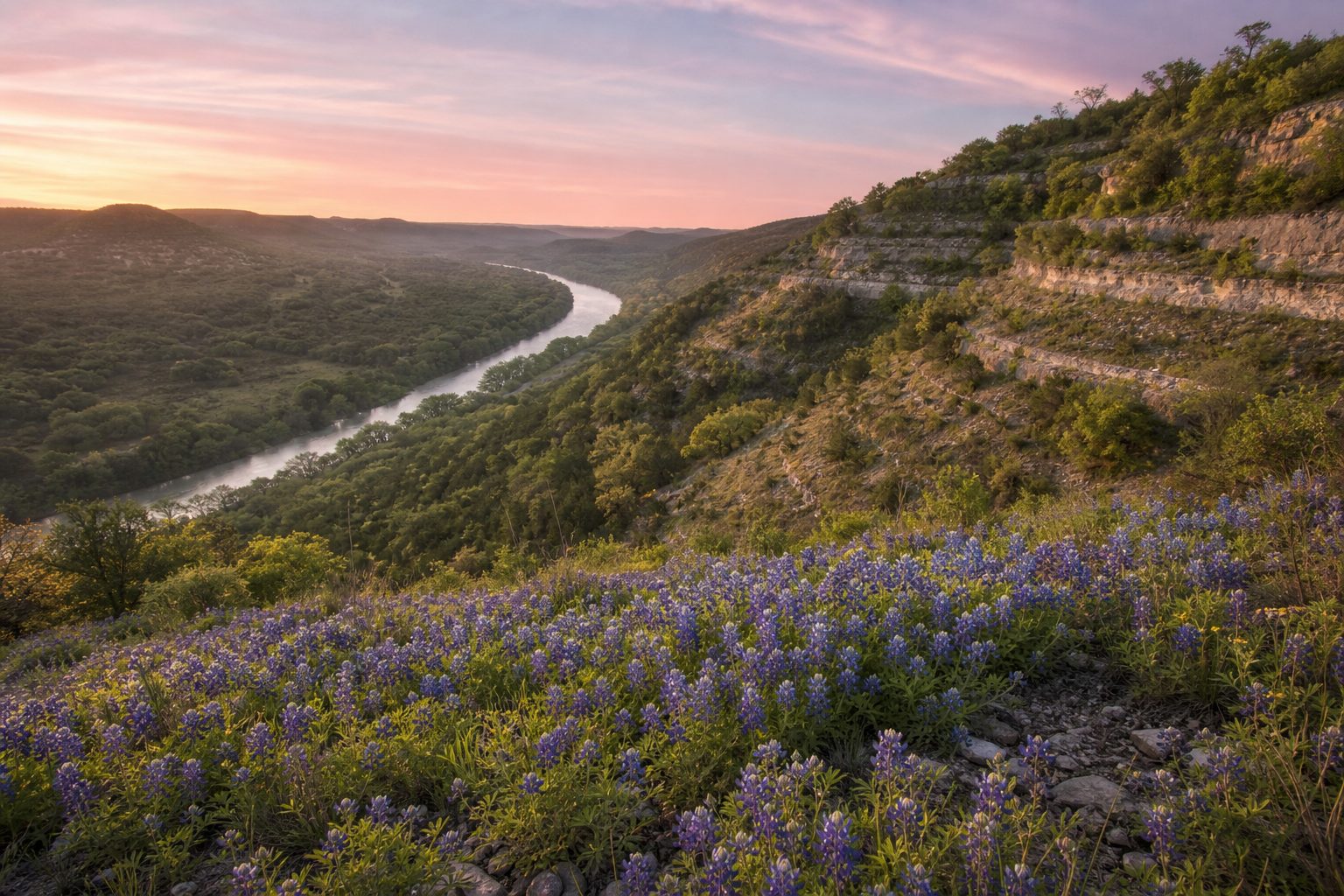 Concept image of a Texas hill country river valley at sunrise with bluebonnets