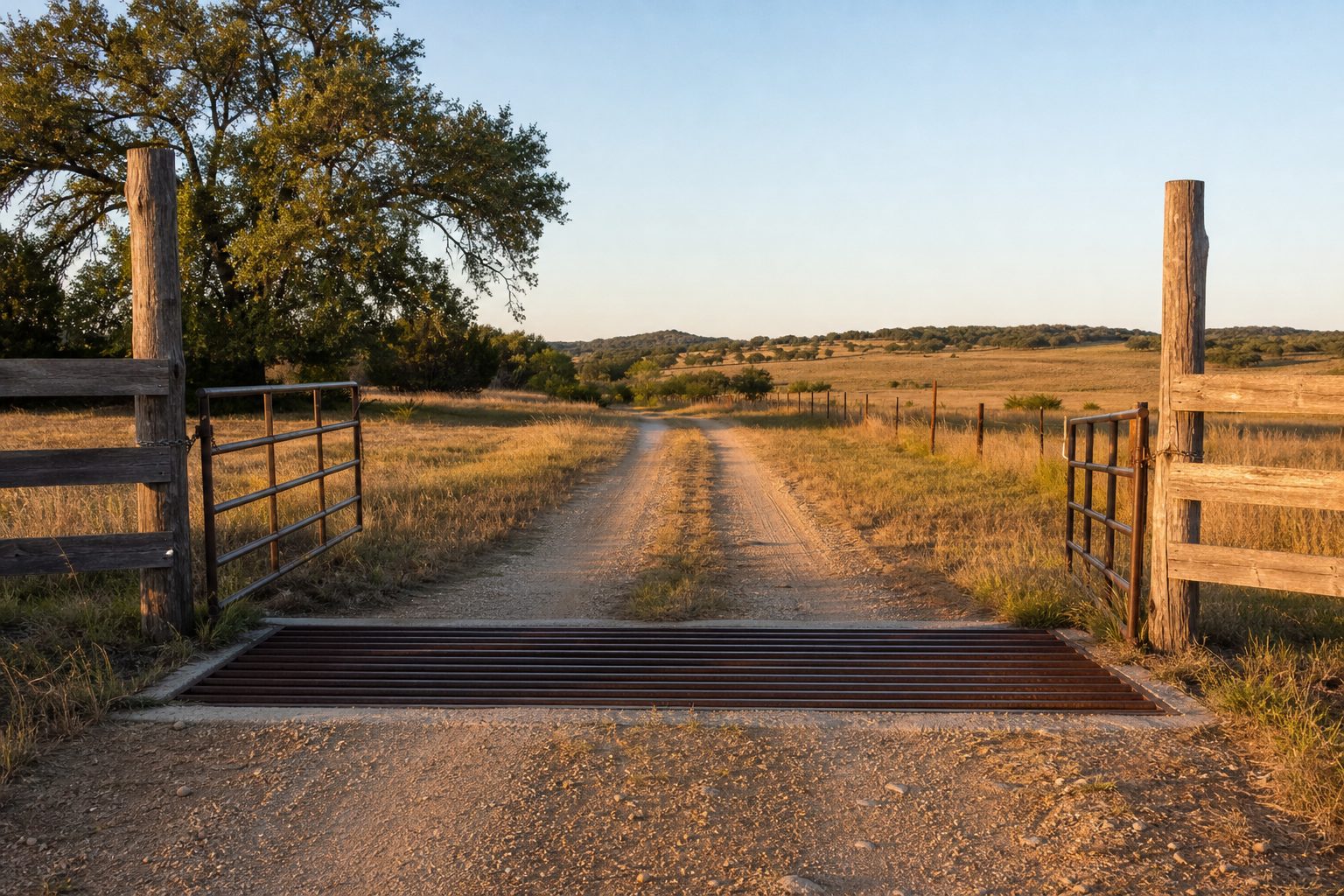 Concept image of a rustic Texas ranch entrance gate with a cattle guard and dirt road